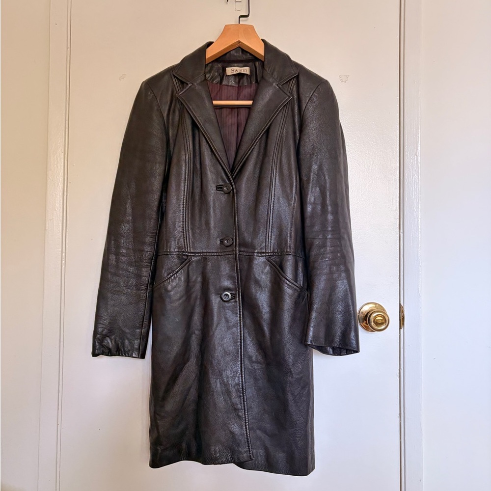 Vintage Women's Black Leather Button-Front Coat - Picture 3 of 4